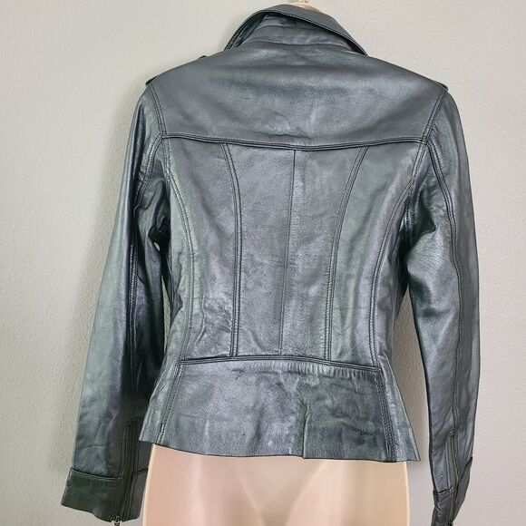 Aviatrix Women 100%  Leather Jacket Biker Rock Fitted silver gunmetal zipper M - Picture 8 of 11